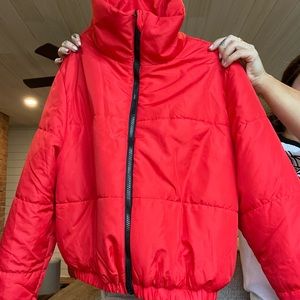 Bright red cropped puffer jacket